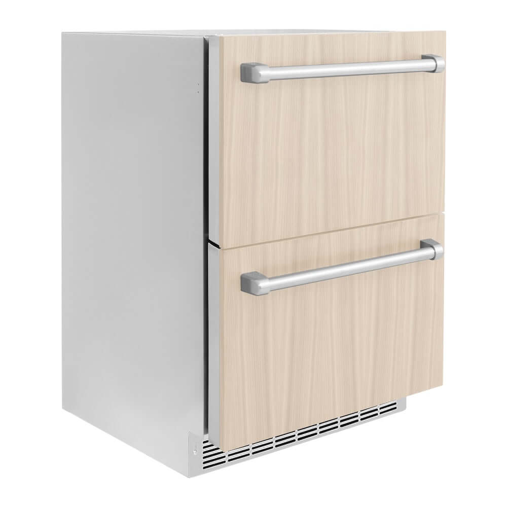 ZLINE 24 in. Touchstone 168 Can Outdoor-Rated Dual Refrigerator Drawer with Panel-Ready Doors (RDSPO-24) side, closed.