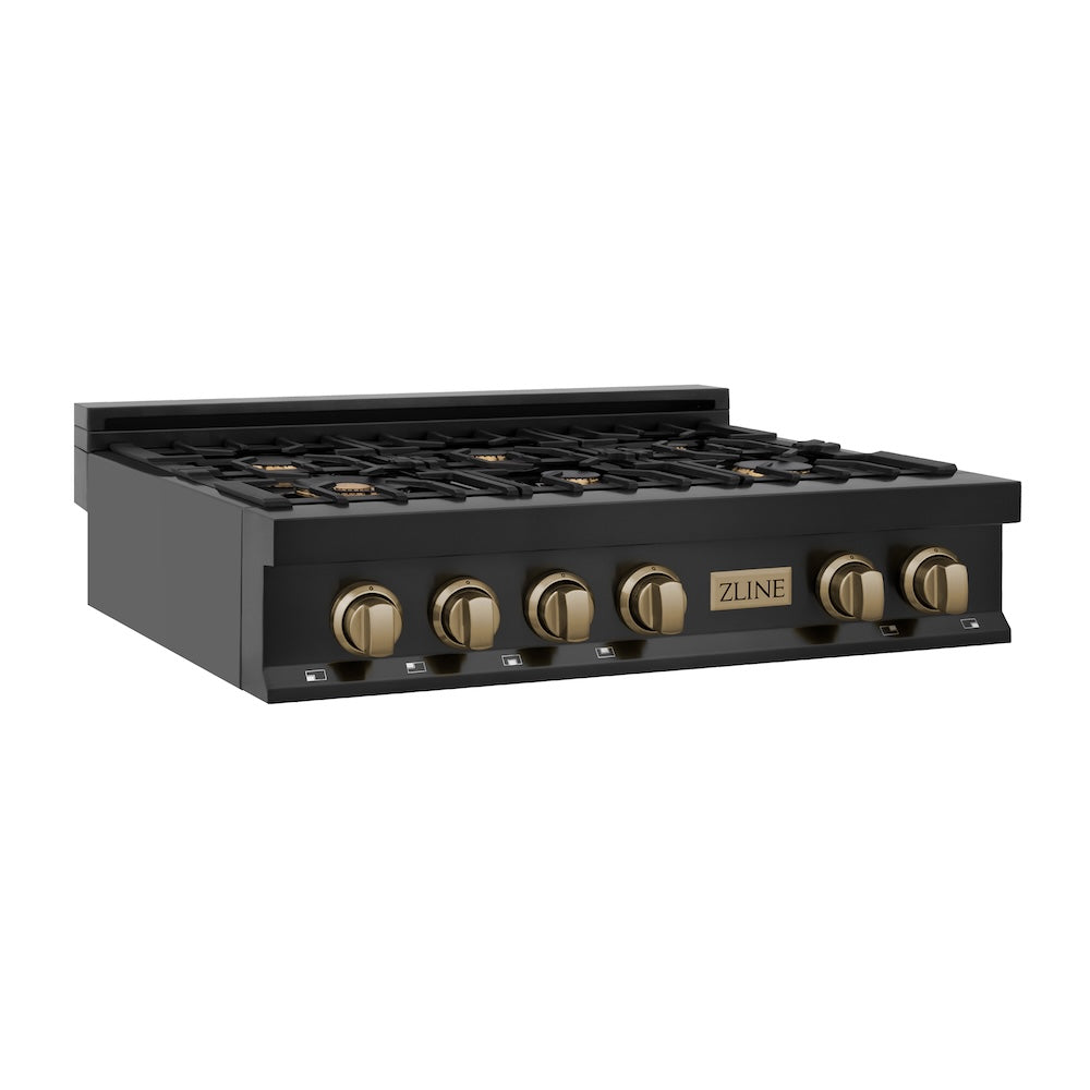 ZLINE Autograph Edition 36 in. Legacy Gas Rangetop with 6 Burners and Porcelain Cooktop in Black Stainless Steel with Champagne Bronze Accents, Open Box-Great Condition main image.