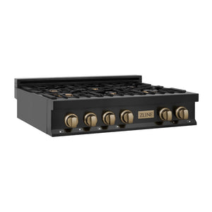 ZLINE Autograph Edition 36 in. Legacy Gas Rangetop with 6 Burners and Porcelain Cooktop in Black Stainless Steel with Champagne Bronze Accents, Open Box-Great Condition main image.