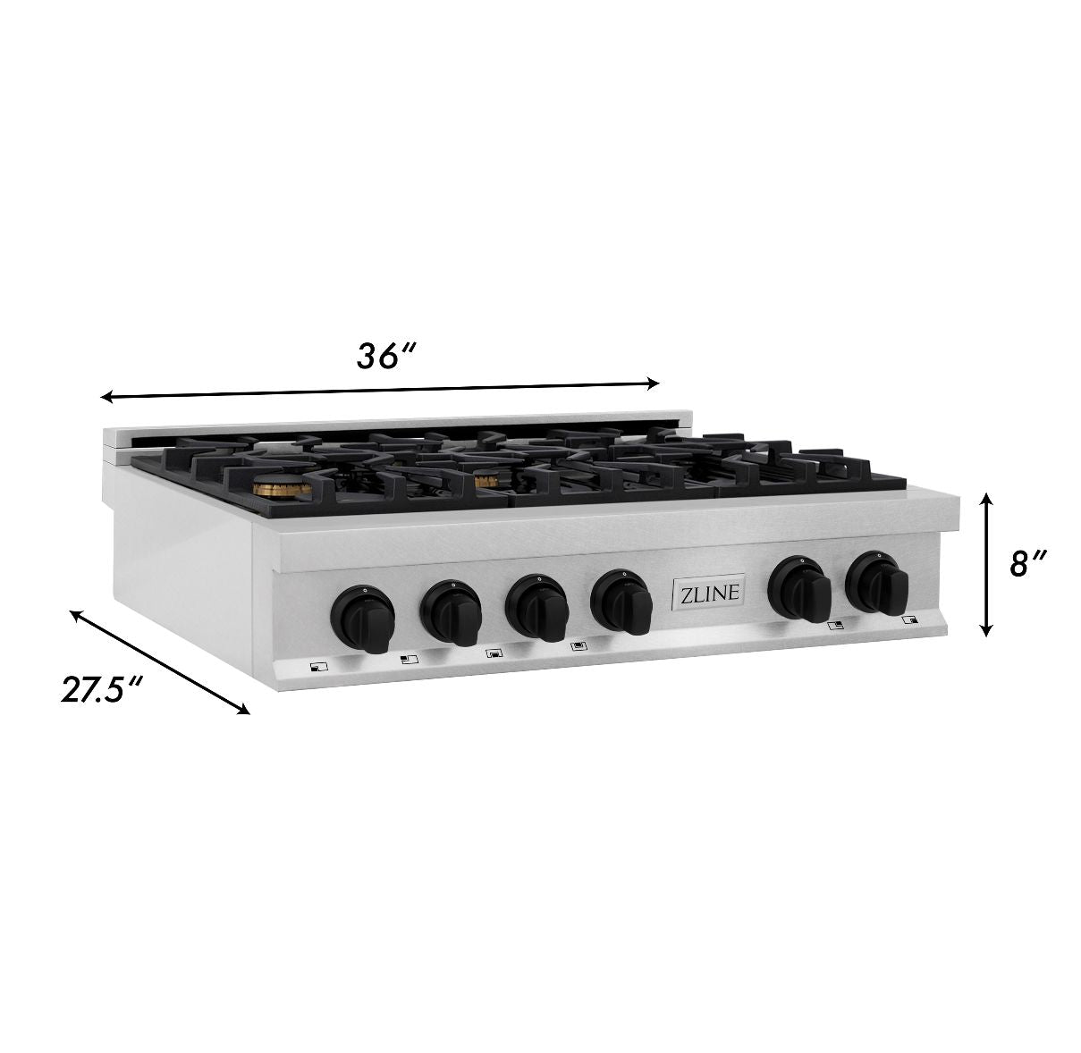 ZLINE Autograph Edition 36 in. Porcelain Rangetop with 6 Gas Burners in DuraSnow Stainless Steel with Matte Black Accents (RTSZ-36-MB) dimensional diagram with measurements.