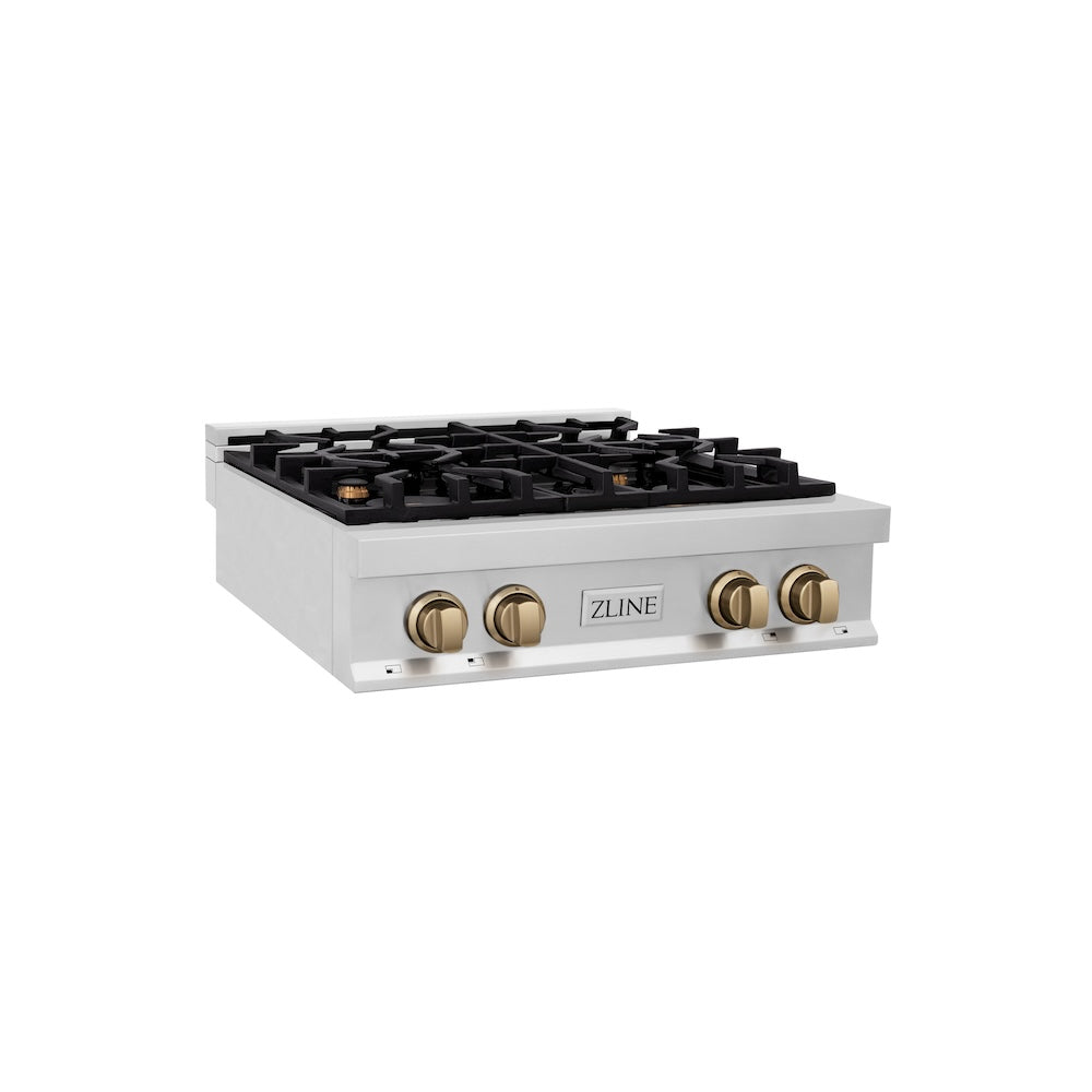 ZLINE Autograph Edition 30 in. Porcelain Rangetop with 4 Gas Burners in Stainless Steel and Champagne Bronze Accents (RTZ-30-CB) 