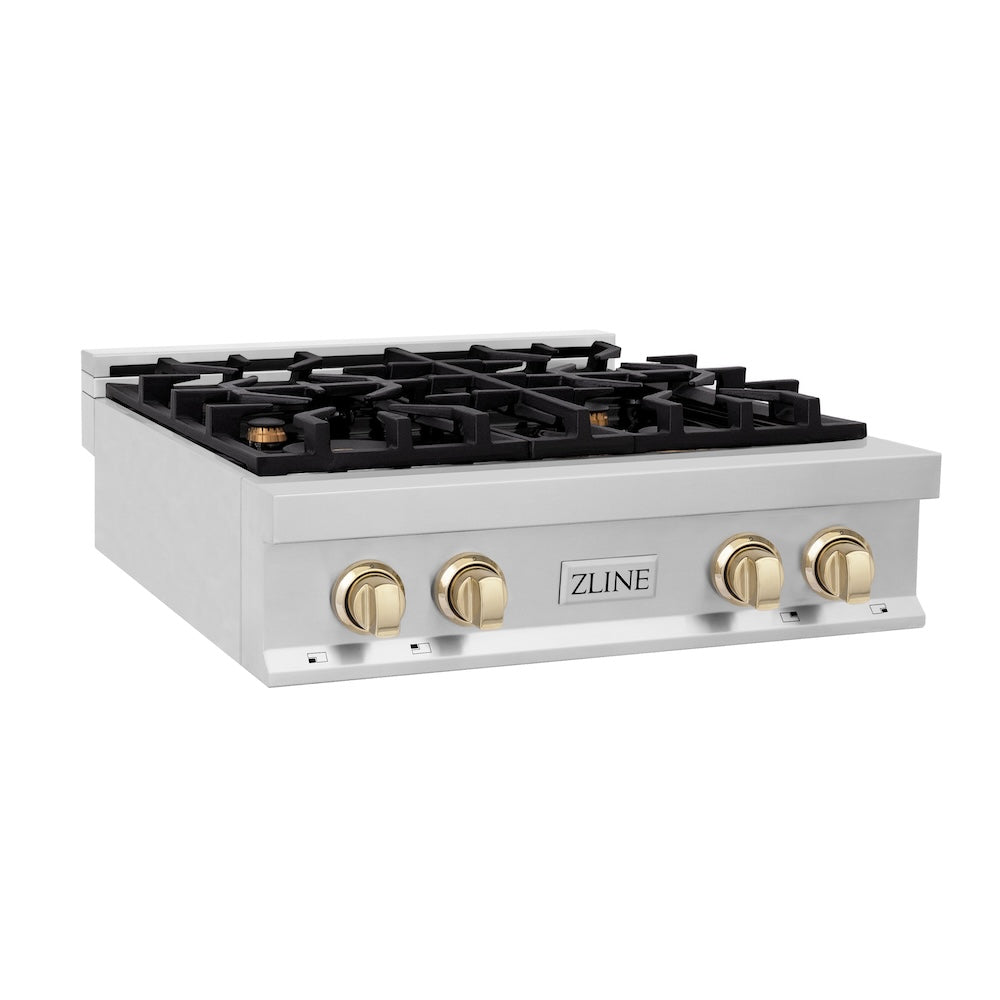 ZLINE Autograph Edition 30 in. Porcelain Rangetop with 4 Gas Burners in Stainless Steel and Polished Gold Accents (RTZ-30-G) 