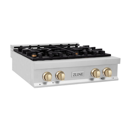 ZLINE Autograph Edition 30 in. Legacy Gas Rangetop with 4 Burners and Porcelain Cooktop in Stainless Steel with Polished Gold Accents, Open Box-Good Condition