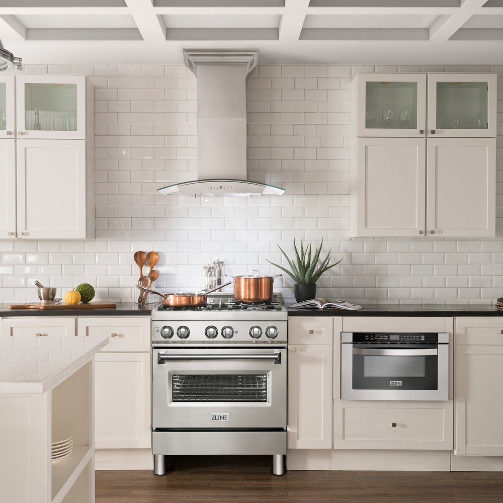ZLINE Ducted Vent Wall Mount Range Hood in Stainless Steel with Built-in ZLINE CrownSound Bluetooth Speakers (KN4CRN-BT) front, in a white farmhouse-style kitchen.