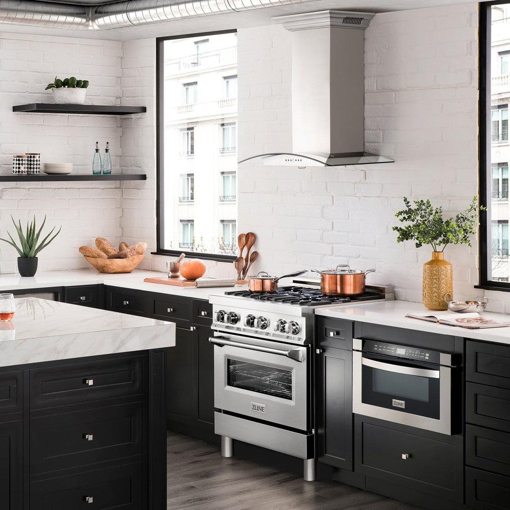 ZLINE Ducted Vent Wall Mount Range Hood in Stainless Steel with Built-in ZLINE CrownSound Bluetooth Speakers (KN4CRN-BT) side, in a luxury modern-style kitchen with matching appliances.