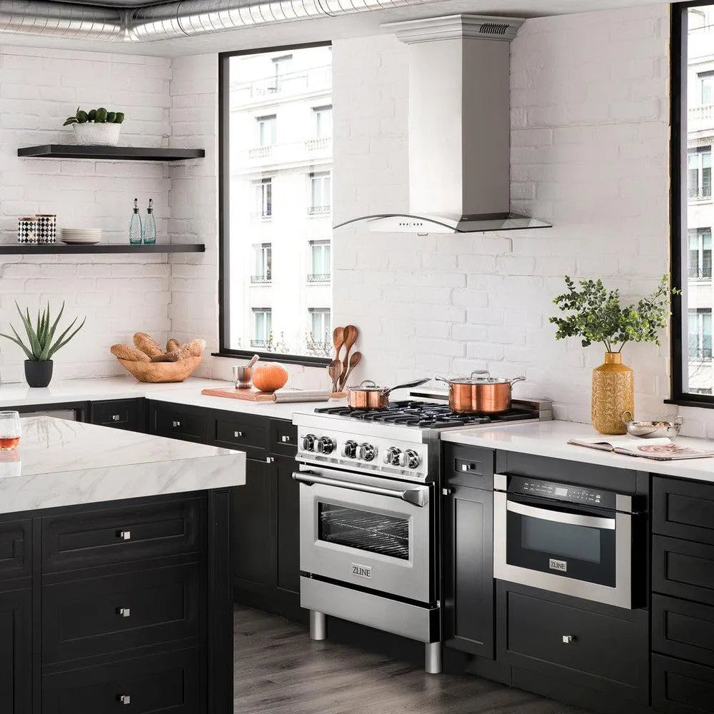 ZLINE Ducted Vent Wall Mount Range Hood in Stainless Steel with Built-in ZLINE CrownSound Bluetooth Speakers (KN4CRN-BT) side, in a luxury modern-style kitchen with matching appliances.