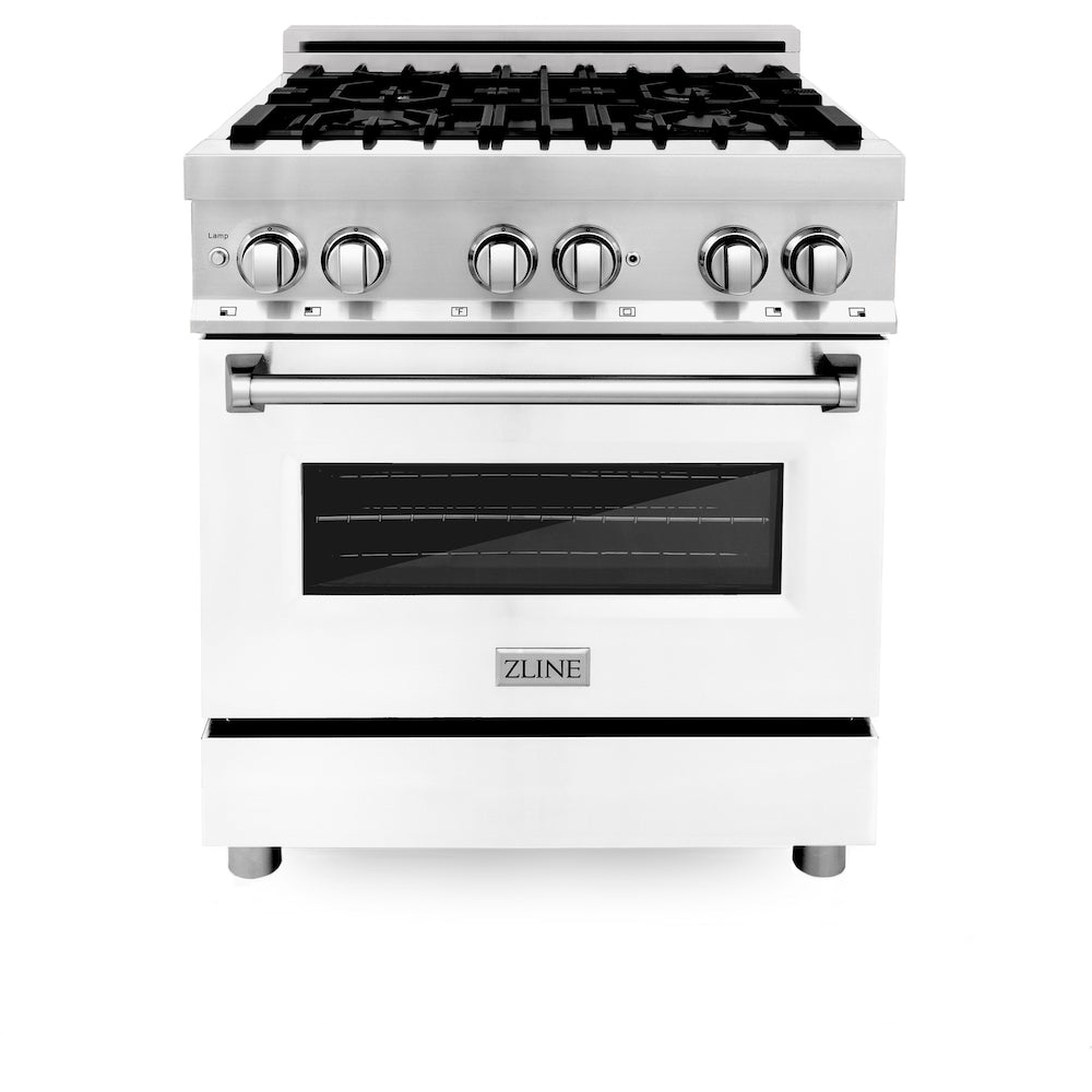 ZLINE 30 in. 4.0 cu. ft. Legacy Dual Fuel Range with 4 Burner Gas Cooktop and Electric Convection Oven in Stainless Steel with Griddle and White Matte Door (RA-WM-GR-30) front, oven closed.
