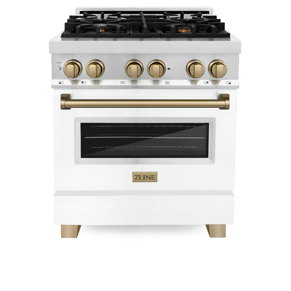 ZLINE Autograph Edition 30 in. 4.0 cu. ft. Legacy Dual Fuel Range with 4 Burner Gas Cooktop and Electric Convection Oven in Stainless Steel with White Matte Door and Champagne Bronze Accents (RAZ-WM-30-CB) front, oven closed.