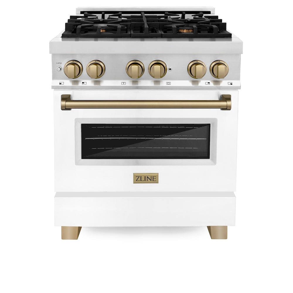 ZLINE Autograph Edition 30 in. 4.0 cu. ft. Legacy Dual Fuel Range with 4 Burner Gas Cooktop and Electric Convection Oven in Stainless Steel with White Matte Door and Champagne Bronze Accents, Open Box-Good Condition