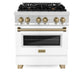 ZLINE Autograph Edition 30 in. 4.0 cu. ft. Legacy Dual Fuel Range with 4 Burner Gas Cooktop and Electric Convection Oven in Stainless Steel with White Matte Door and Champagne Bronze Accents (RAZ-WM-30-CB) front.
