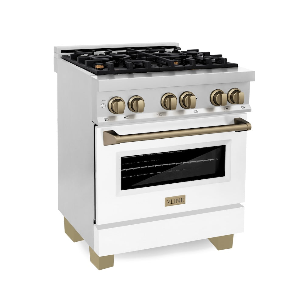 ZLINE Autograph Edition 30 in. 4.0 cu. ft. Legacy Dual Fuel Range with 4 Burner Gas Cooktop and Electric Convection Oven in Stainless Steel with White Matte Door and Champagne Bronze Accents (RAZ-WM-30-CB)