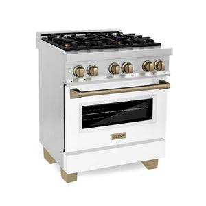 ZLINE Autograph Edition 30 in. 4.0 cu. ft. Legacy Dual Fuel Range with 4 Burner Gas Cooktop and Electric Convection Oven in Stainless Steel with White Matte Door and Champagne Bronze Accents (RAZ-WM-30-CB) main image.