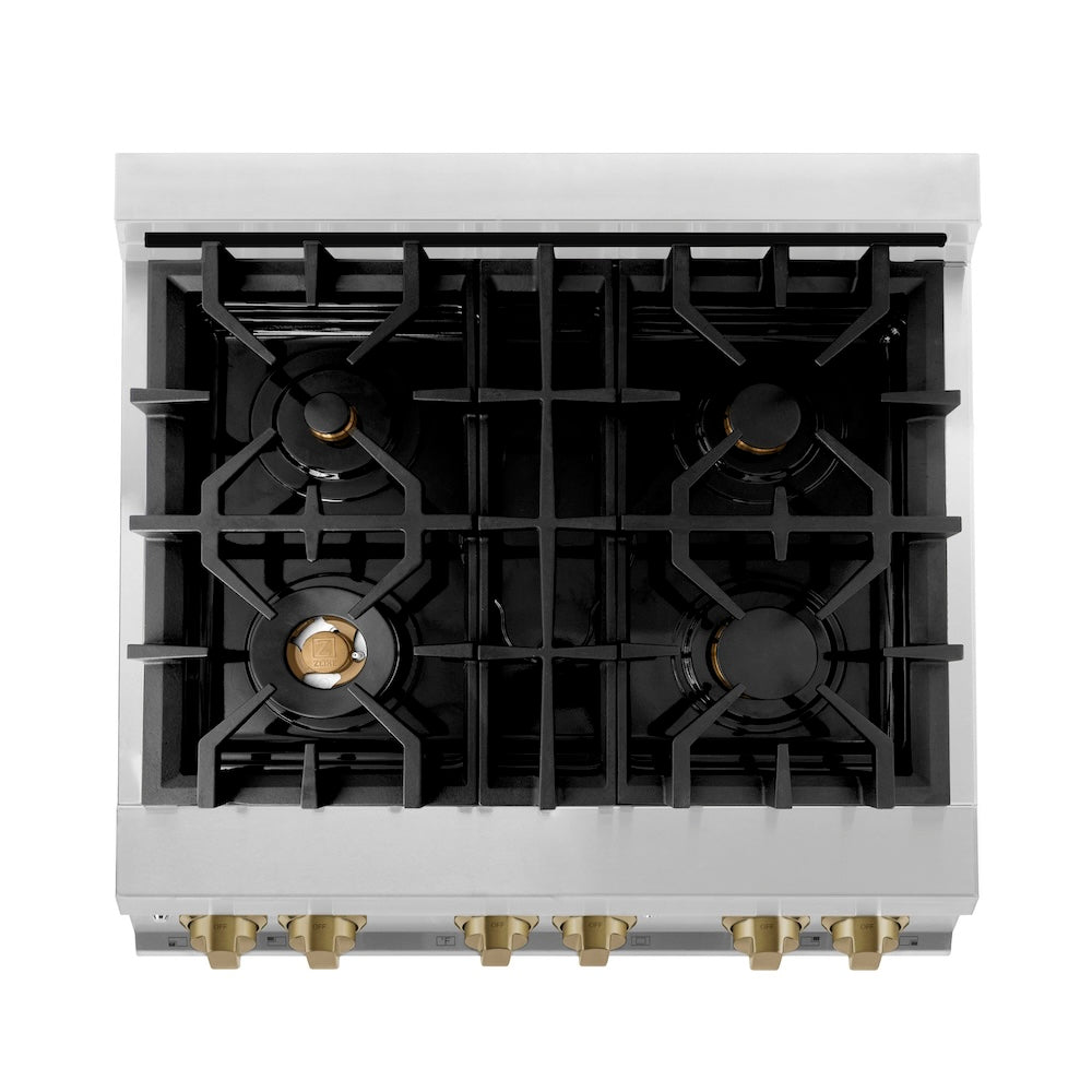 ZLINE Autograph Edition 30 in. 4.0 cu. ft. Legacy Dual Fuel Range with 4 Burner Gas Cooktop and Electric Convection Oven in Stainless Steel with White Matte Door and Champagne Bronze Accents (RAZ-WM-30-CB) top-down, above cooktop.