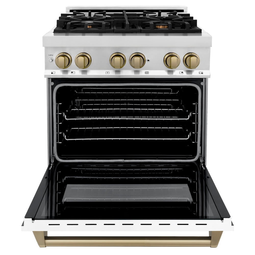 ZLINE Autograph Edition 30 in. 4.0 cu. ft. Legacy Dual Fuel Range with 4 Burner Gas Cooktop and Electric Convection Oven in Stainless Steel with White Matte Door and Champagne Bronze Accents (RAZ-WM-30-CB) front, oven open.