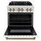 ZLINE Autograph Edition 30 in. 4.0 cu. ft. Legacy Dual Fuel Range with 4 Burner Gas Cooktop and Electric Convection Oven in Stainless Steel with White Matte Door and Champagne Bronze Accents (RAZ-WM-30-CB) front, oven open.