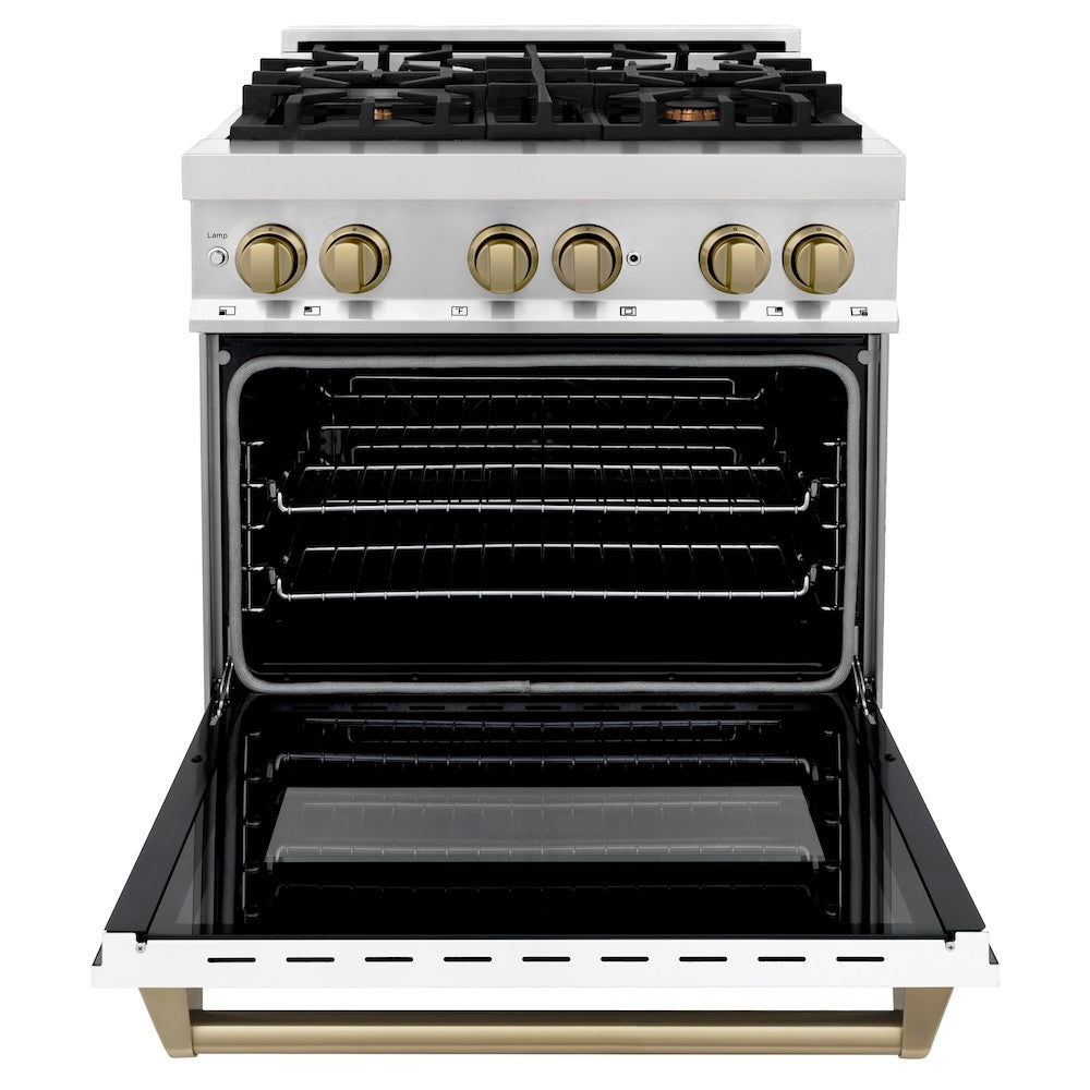 ZLINE Autograph Edition 30 in. 4.0 cu. ft. Legacy Dual Fuel Range with 4 Burner Gas Cooktop and Electric Convection Oven in Stainless Steel with White Matte Door and Champagne Bronze Accents, Open Box-Good Condition
