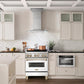 ZLINE Autograph Edition 30 in. 4.0 cu. ft. Legacy Dual Fuel Range with 4 Burner Gas Cooktop and Electric Convection Oven in Stainless Steel with White Matte Door and Polished Gold Accents (RAZ-WM-30-G) in a luxury kitchen.