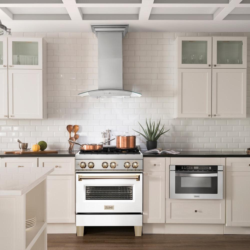 ZLINE Autograph Edition 30 in. 4.0 cu. ft. Legacy Dual Fuel Range with 4 Burner Gas Cooktop and Electric Convection Oven in Stainless Steel with White Matte Door and Polished Gold Accents (RAZ-WM-30-G) in a luxury kitchen.