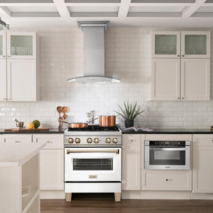 ZLINE Autograph Edition 30 in. 4.0 cu. ft. Legacy Dual Fuel Range with 4 Burner Gas Cooktop and Electric Convection Oven in Stainless Steel with White Matte Door and Polished Gold Accents (RAZ-WM-30-G) in a luxury kitchen.