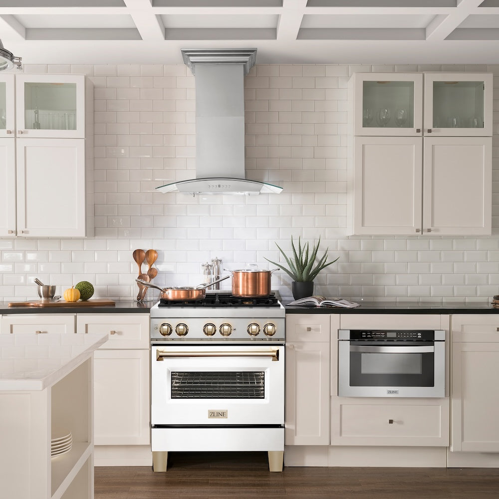 ZLINE Autograph Edition 30 in. 4.0 cu. ft. Legacy Dual Fuel Range with 4 Burner Gas Cooktop and Electric Convection Oven in Stainless Steel with White Matte Door and Polished Gold Accents, Open Box-Good Condition