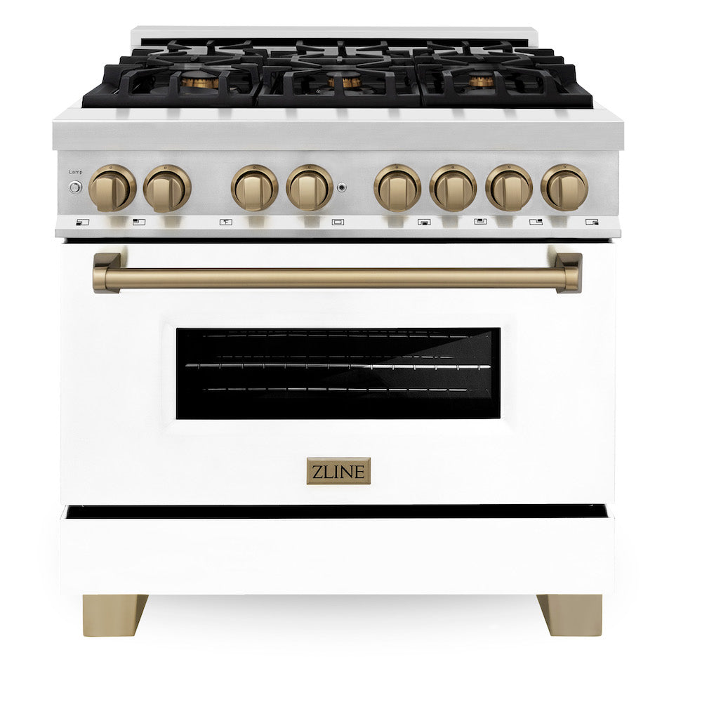 ZLINE Autograph Edition 36 in. 4.6 cu. ft. Dual Fuel Range with Gas Stove and Electric Oven in Stainless Steel with White Matte Door and Champagne Bronze Accents (RAZ-WM-36-CB) front, oven closed.