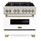 ZLINE Autograph Edition 36 in. Kitchen Package with Stainless Steel Dual Fuel Range with White Matte Door, Range Hood and Dishwasher with Champagne Bronze Accents (3AKP-RAWMRHDWM36-CB)
