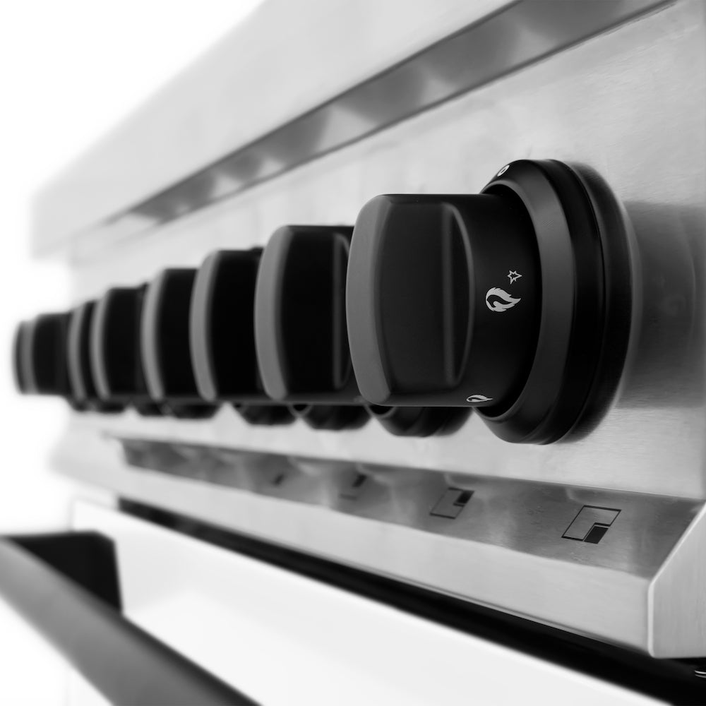 ZLINE Autograph Edition 36 in. 4.6 cu. ft. Legacy Dual Fuel Range with 6 Burner Gas Cooktop and Electric Convection Oven in Stainless Steel with White Matte Door and Matte Black Accents (RAZ-WM-36-MB) knobs.