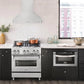 ZLINE Alpine Series Ducted Wall Mount Range Hood in Stainless Steel (ALP100WL) front, in a luxury rustic-style kitchen with matching appliances.