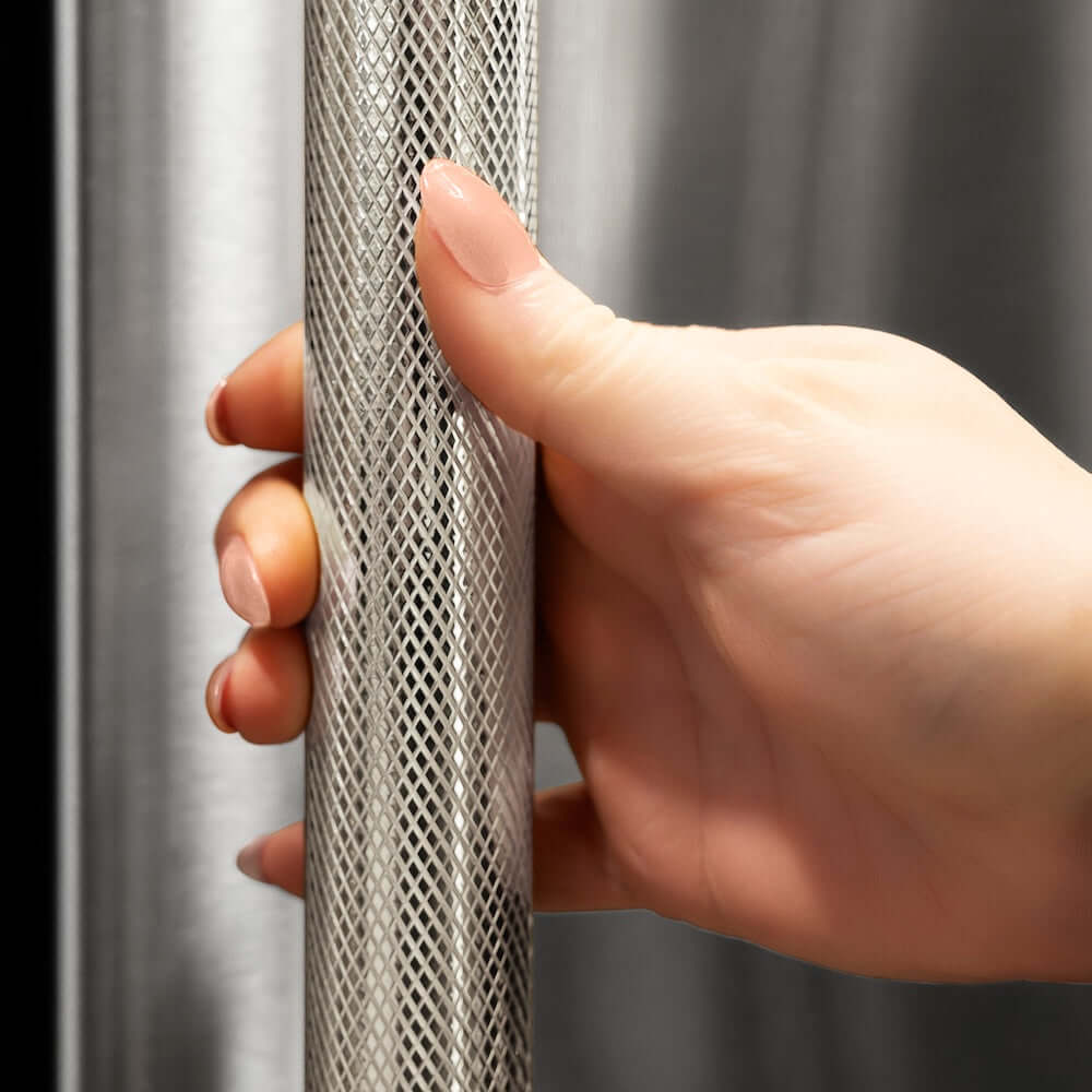 ZLINE Autograph Edition 72 in. 39.6 cu. ft. French Door Built-In Bottom Freezer Refrigerator with Water Dispensers and Ice Makers in Stainless Steel with Graphite Gray Interior and Polished Nickel Helix Handles (GRBITZ-30472KPN) hand holding Helix handle showing knurled diamond texture.