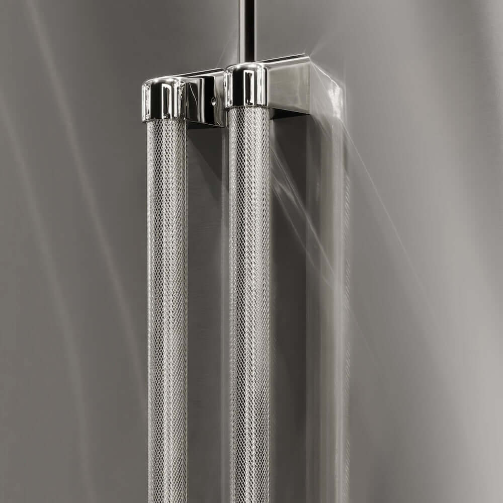 ZLINE Autograph Edition 36 in. 21.6 cu. ft. Counter-Depth French Door Refrigerator with Water and Ice Dispenser in Fingerprint-Resistant Stainless Steel with Polished Nickel Helix Handles (RFMZ-W-36-KPN) two Helix handles on refrigerator exterior showing knurled diamond texture.