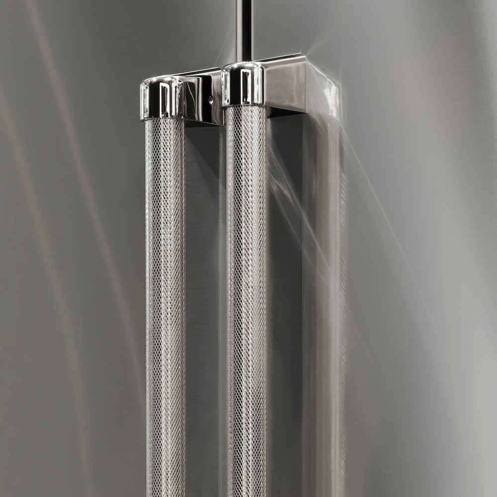ZLINE Autograph Edition 36 in. 19.6 cu. ft. French Door Built-In Bottom Freezer Refrigerator with Water Dispenser and Ice Maker in Stainless Steel with Stainless Steel Interior and Polished Nickel Helix Handles (SRBIVZ-30436KPN) two Helix handles on refrigerator exterior showing knurled diamond texture.