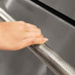 ZLINE Autograph Edition 72 in. 39.6 cu. ft. French Door Built-In Bottom Freezer Refrigerator with Water Dispensers and Ice Makers in Stainless Steel with Graphite Gray Interior and Polished Nickel Helix Handles (GRBITZ-30472KPN) hand holding Helix handle showing knurled diamond texture.