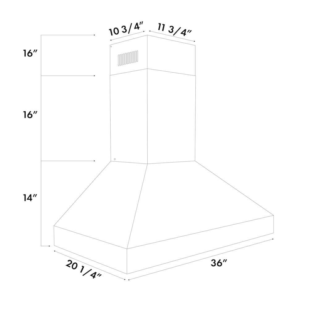ZLINE 36 in. Professional Convertible Vent Wall Mount Range Hood in Stainless Steel, Open Box-Good Condition dimensional diagram.