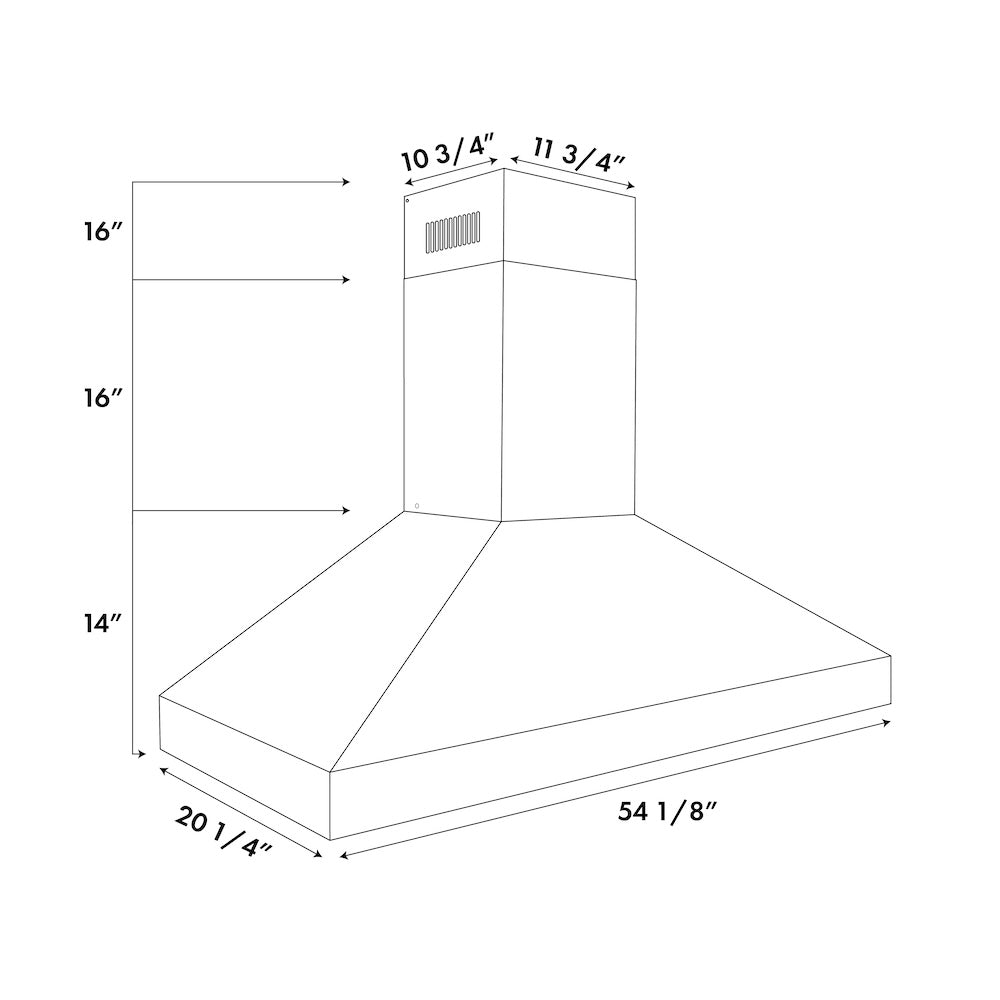 ZLINE Professional Convertible Vent Wall Mount Range Hood in Stainless Steel (597) dimensional diagram and measurements.