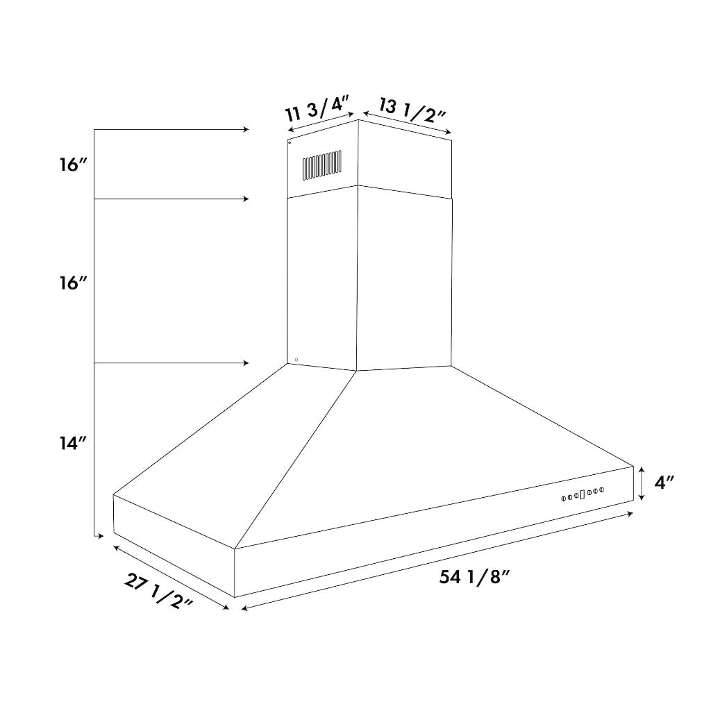 ZLINE Professional Convertible Vent Wall Mount Range Hood in Stainless Steel (697) dimensional diagram and measurements.