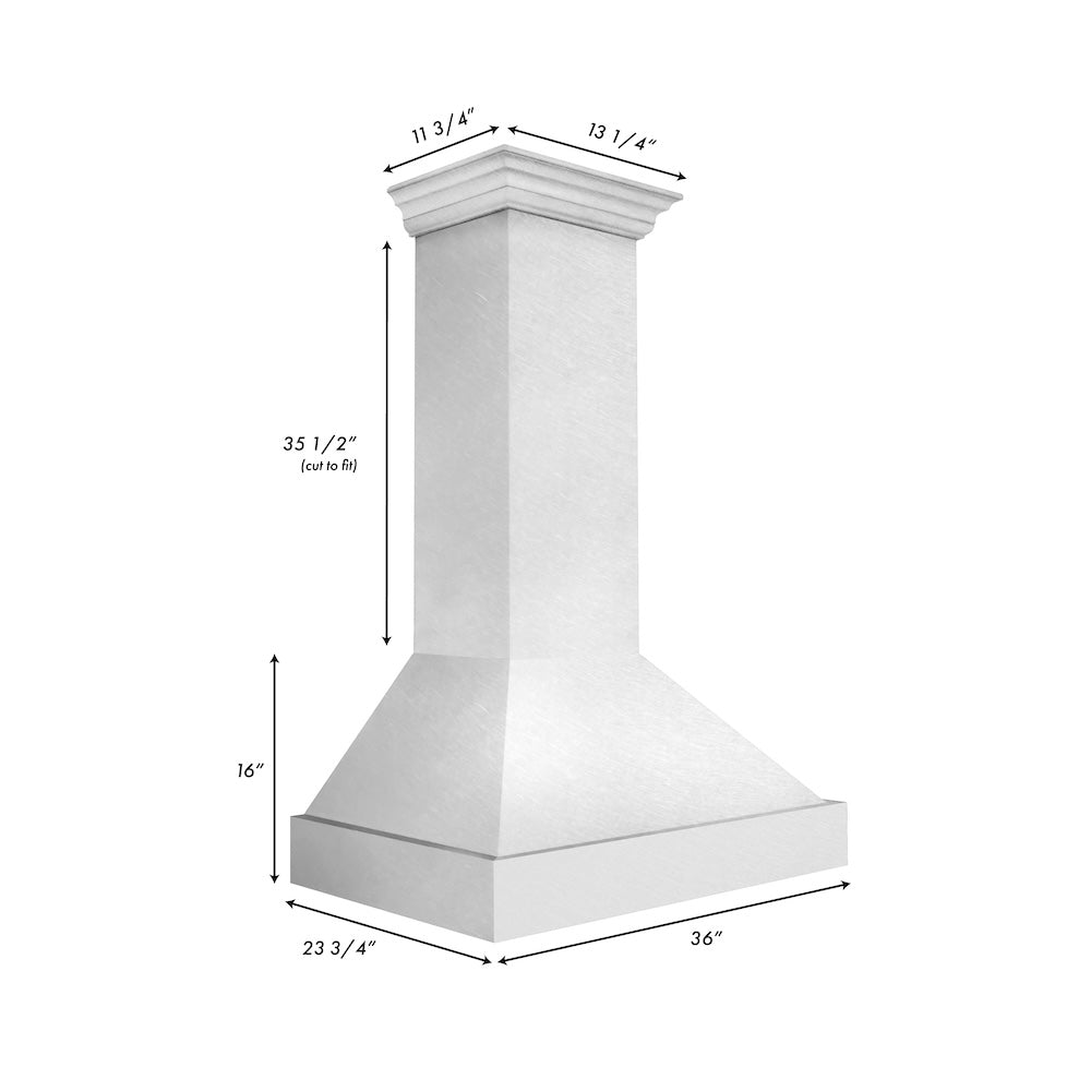 ZLINE Satin Stainless Steel Wall Mount Range Hood with Size Options (8654SN) dimensional diagram.
