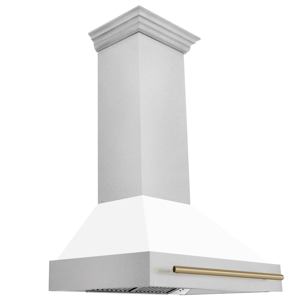 ZLINE Autograph Edition 36 in. Satin Stainless Steel Wall Mount Range Hood with White Matte Shell and Accent Handle (8654SNZ-WM36)