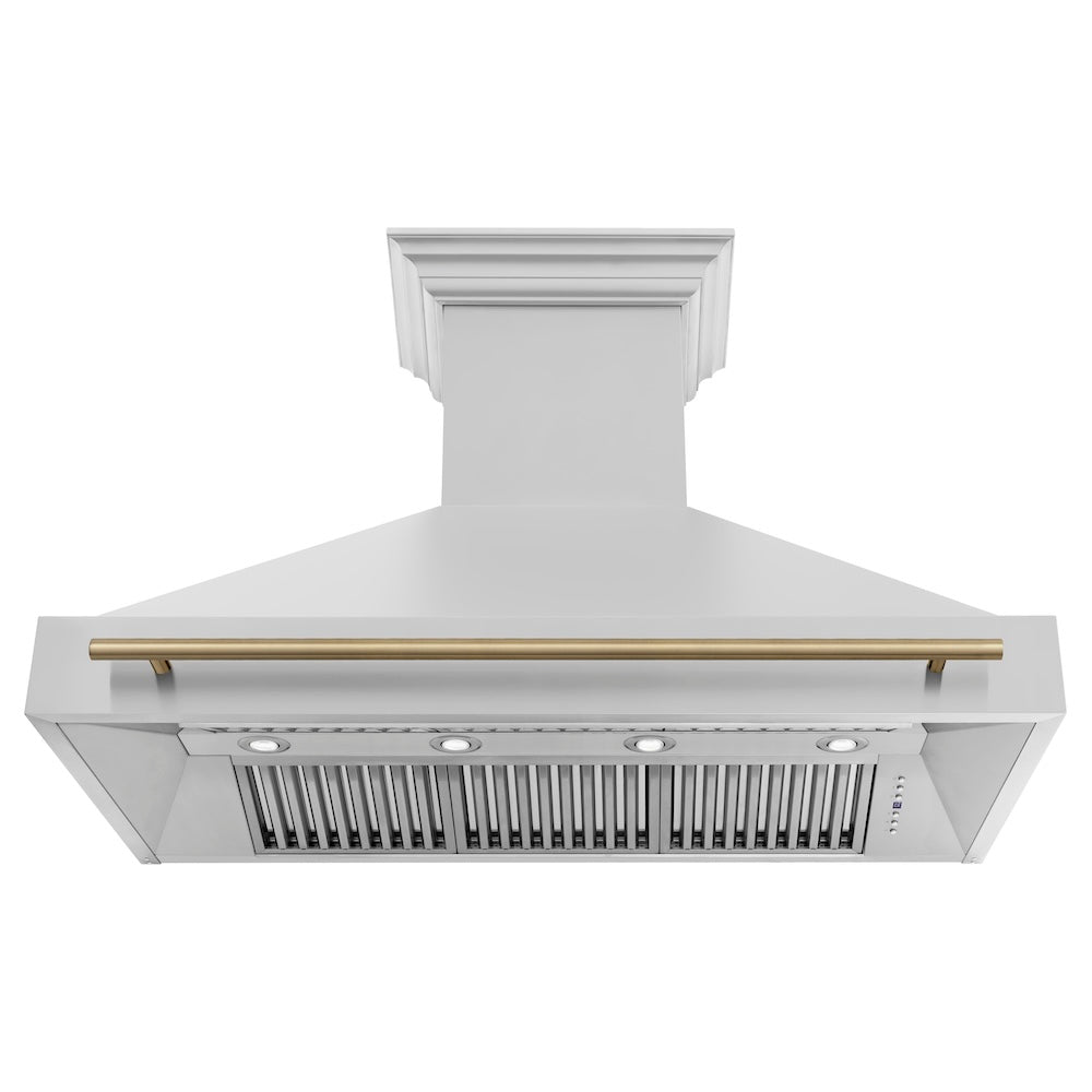 ZLINE Autograph Edition 48 in. Stainless Steel Range Hood with Stainless Steel Shell and Champagne Bronze Handle (8654STZ-48-CB) front, under.