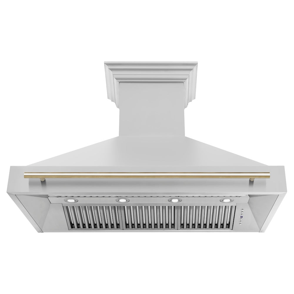 ZLINE Autograph Edition 48 in. Stainless Steel Range Hood with Stainless Steel Shell and Polished Gold Handle (8654STZ-48-G) front, under.