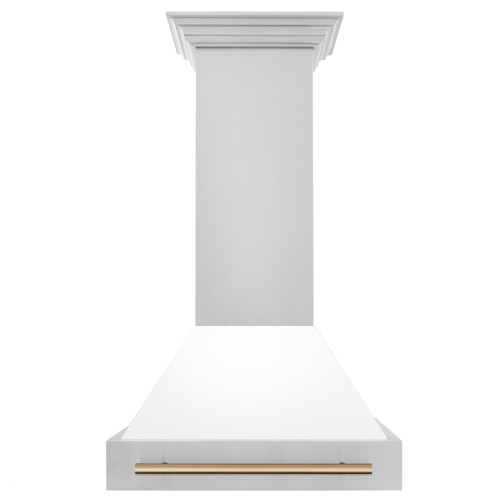 ZLINE Autograph Edition 30 in. Kitchen Package with Stainless Steel Dual Fuel Range with White Matte Door, Range Hood and Dishwasher with Champagne Bronze Accents (3AKP-RAWMRHDWM30-CB)