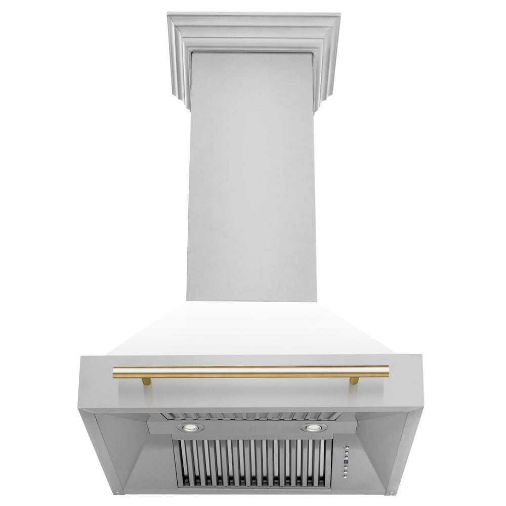 ZLINE Autograph Edition 30 in. Kitchen Package with Stainless Steel Dual Fuel Range with White Matte Door and Range Hood with Polished Gold Accents (2AKP-RAWMRH30-G)