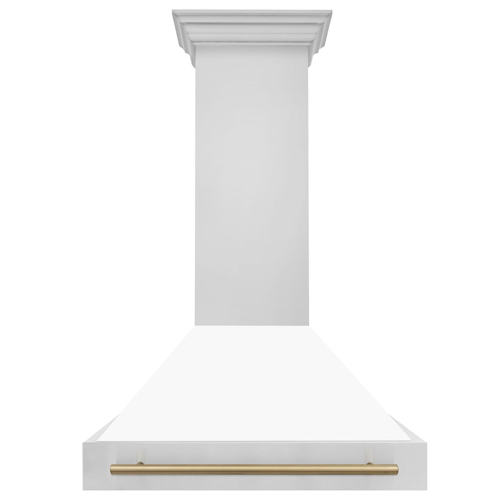 ZLINE Autograph Edition 36 in. Kitchen Package with Stainless Steel Dual Fuel Range with White Matte Door, Range Hood and Dishwasher with Champagne Bronze Accents (3AKP-RAWMRHDWM36-CB)