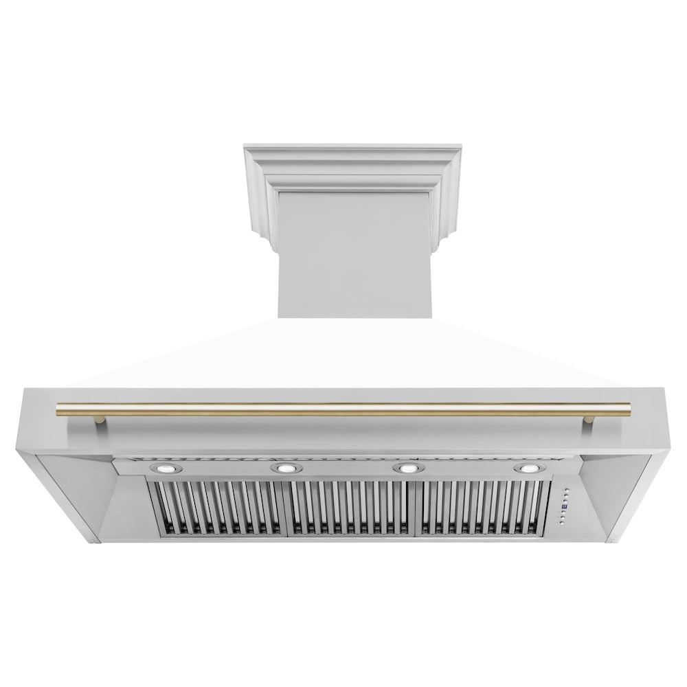 ZLINE Autograph Edition 48 in. Kitchen Package with Stainless Steel Dual Fuel Range with White Matte Door, Range Hood and Dishwasher with Polished Gold Accents (3AKP-RAWMRHDWM48-G)