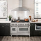 ZLINE Convertible Vent Wall Mount Range Hood in Stainless Steel (KL2) above a double oven range in a luxury apartment kitchen.