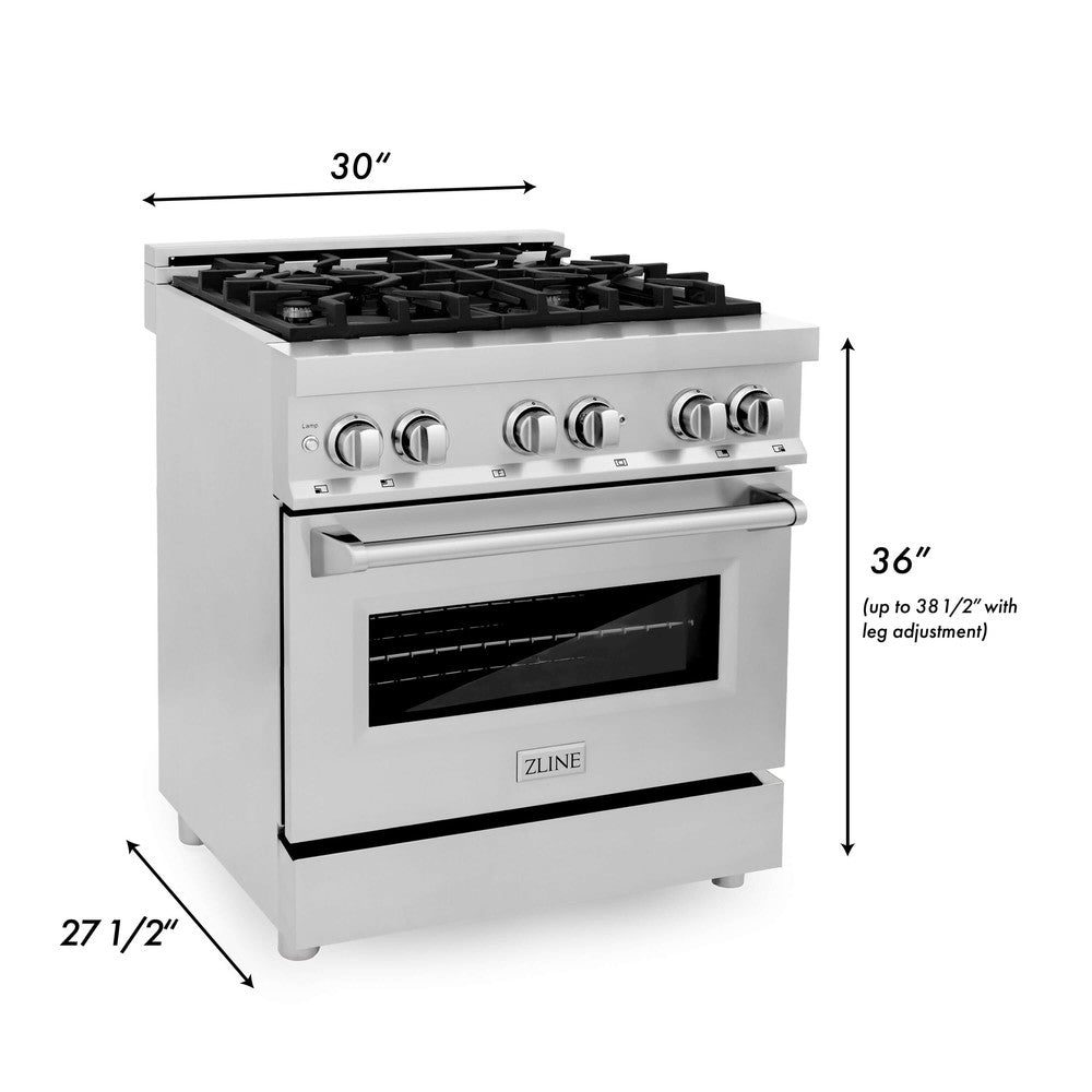 ZLINE 30 in. Kitchen Package Stainless Steel Dual Fuel Range and Over The Range Microwave with Traditional Handle (2KP-RAOTRH30)
