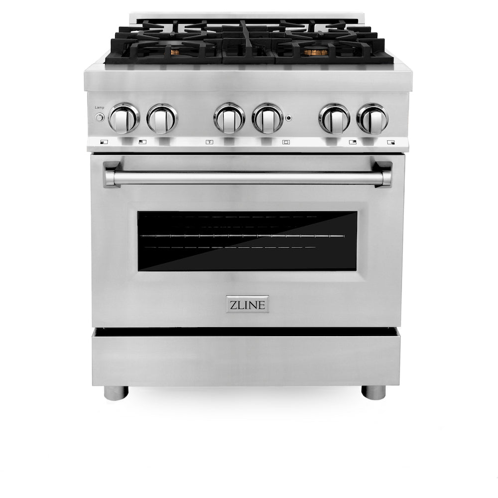 ZLINE 30 in. 4.0 cu. ft. Electric Oven and Gas Cooktop Dual Fuel Range with Griddle and Brass Burners in Stainless Steel (RA-BR-GR-30) front, oven closed.