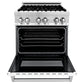 ZLINE 30 in. 4.0 cu. ft. Legacy Dual Fuel Range with 4 Burner Gas Cooktop and Electric Convection Oven in Stainless Steel with Griddle and White Matte Door (RA-WM-GR-30) front, oven open.