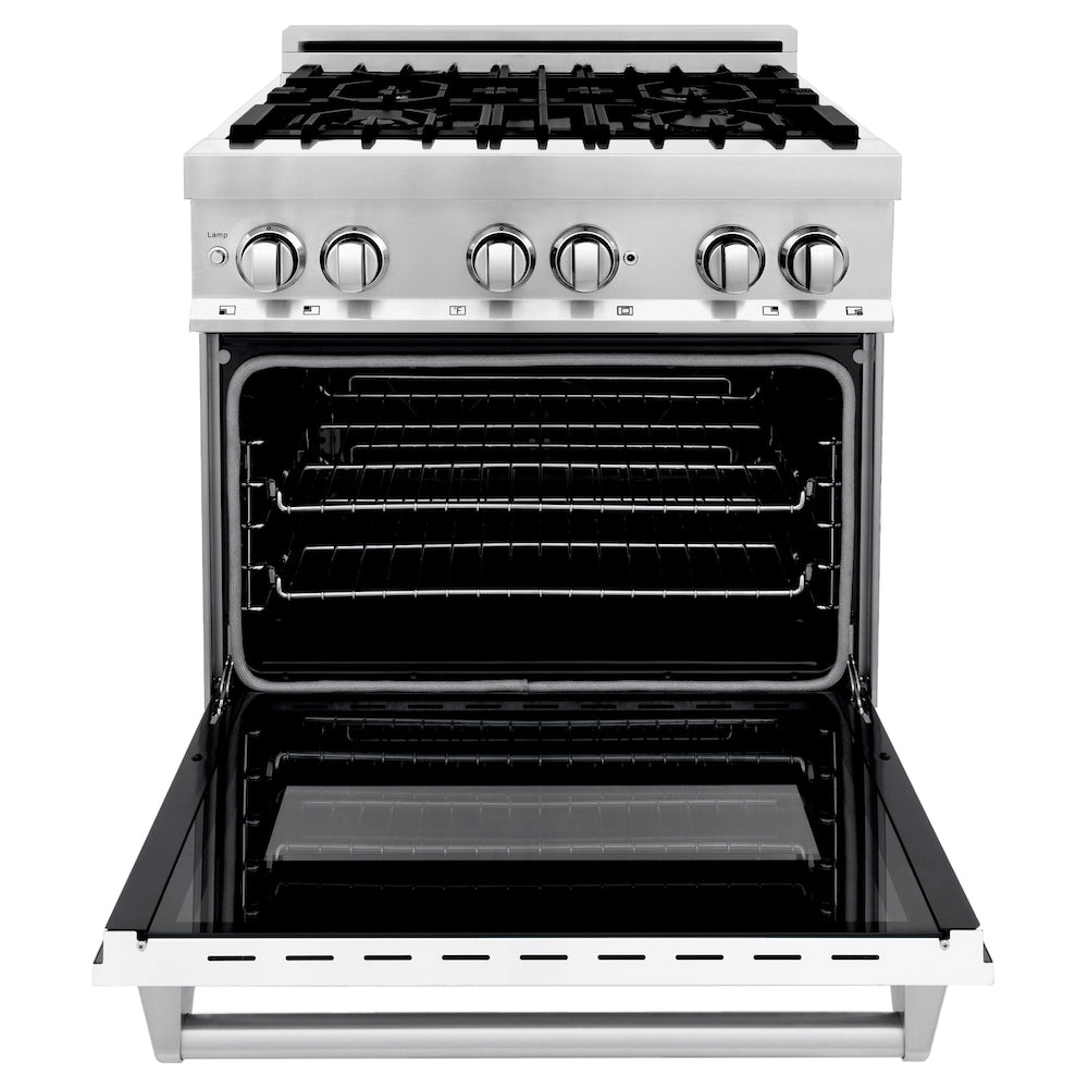 ZLINE 30 in. 4.0 cu. ft. Legacy Dual Fuel Range with 4 Burner Gas Cooktop and Electric Convection Oven in Stainless Steel with Griddle and White Matte Door (RA-WM-GR-30) front, oven open.