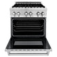 ZLINE 30 in. 4.0 cu. ft. Legacy Dual Fuel Range with 4 Burner Gas Cooktop and Electric Convection Oven in Stainless Steel with Griddle (RA-GR-30) front, oven open.