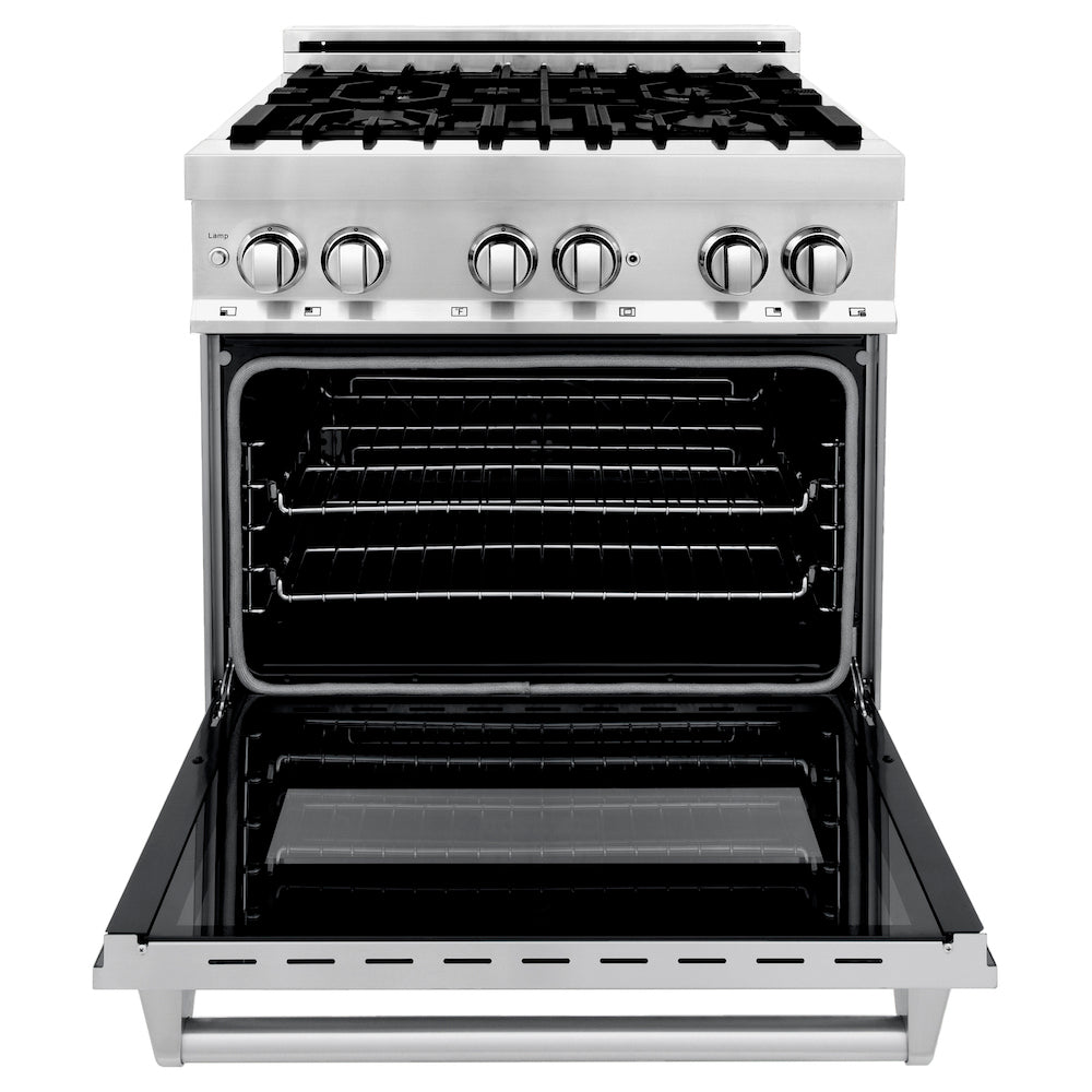 ZLINE 30 in. 4.0 cu. ft. Legacy Dual Fuel Range with 4 Burner Gas Cooktop and Electric Convection Oven in Stainless Steel with Griddle (RA-GR-30) front, oven open.